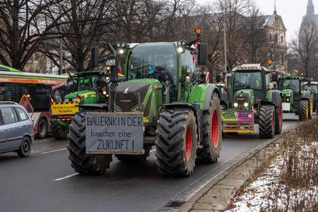 Hannover, Lower Saxony, Germany - January 11, 2024: Farmer protests in Lower Saxony at a large demonstration in Hanover. There are demonstrations against the dismantling of agricultural subsidies.のeditorial素材