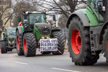 Hannover, Lower Saxony, Germany - January 11, 2024: Farmer protests in Lower Saxony at a large demonstration in Hanover. There are demonstrations against the dismantling of agricultural subsidies.のeditorial素材