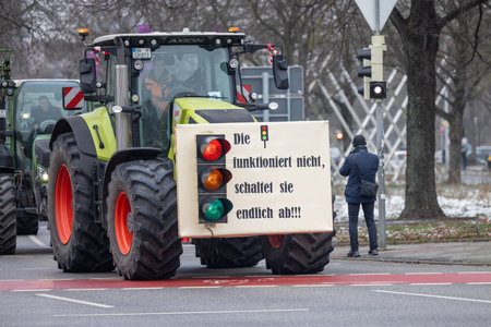 Hannover, Lower Saxony, Germany - January 11, 2024: Farmer protests in Lower Saxony at a large demonstration in Hanover. There are demonstrations against the dismantling of agricultural subsidies.のeditorial素材