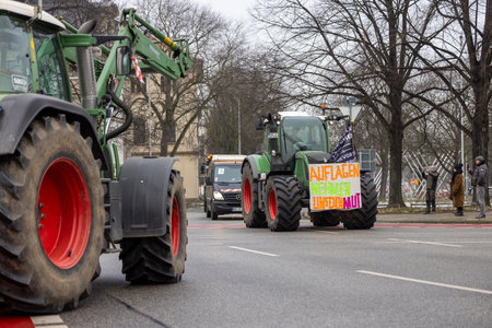 Hannover, Lower Saxony, Germany - January 11, 2024: Farmer protests in Lower Saxony at a large demonstration in Hanover. There are demonstrations against the dismantling of agricultural subsidies.のeditorial素材