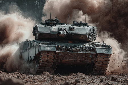 German Leopard 2a7 main battle tank drives on battlefieldの素材