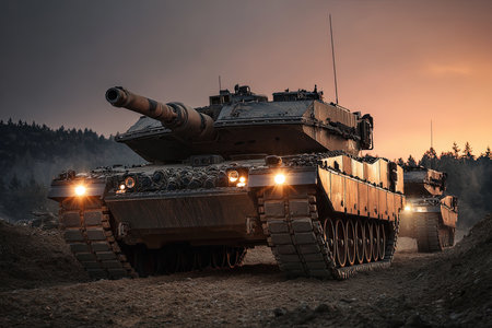 German Leopard 2a7 main battle tank drives on battlefieldの素材