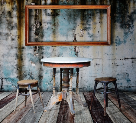 Picture frame and furniture in grunge room の写真素材