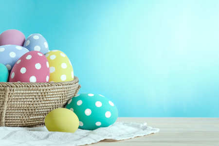 Easter eggs put on wooden in blue wall room.