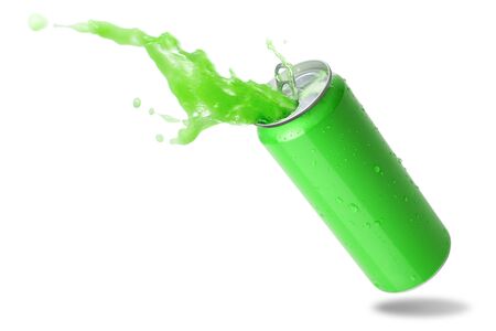 Green soda splashing out of a green can isolated on white background.の写真素材