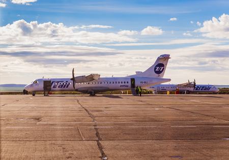 Norilsk, Russia - June 27, 2017: Plane on the runway of Norilsk airportのeditorial素材