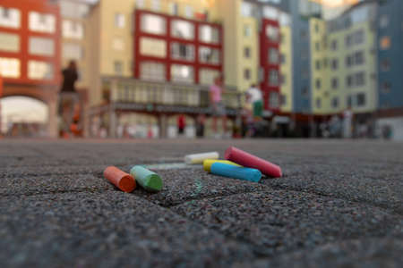 colored chalk for drawing on street close up.の写真素材