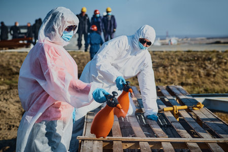 An employee in a suit, gloves, mask with equipment conducts surface sanitization at the airfield. Sanitization at the airport.の写真素材