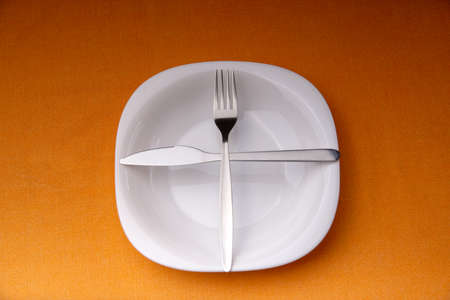 Ready for next plate, dining etiquette. Signs for the waiter, location of cutlery in different situationsの写真素材