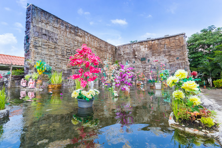 water bath with flowers garden under blue skyの写真素材