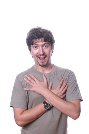 Funny young man over white backgroundの写真素材