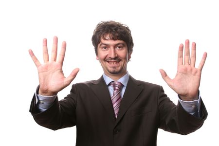Business man with hands open isolated on white backgroundの写真素材