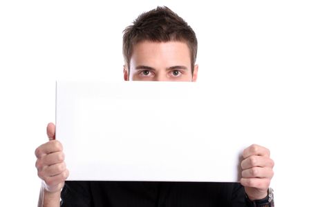 business man with an empty white card, isolated in white backgroundの写真素材