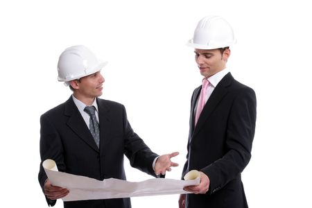 Engineers discussing new project, isolated in white backgroundの写真素材