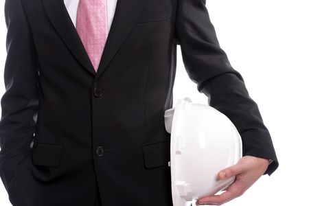 business man with white safety hat, isolated in white backgroundの写真素材