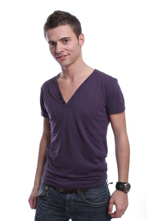 Young casual man posing, isolated in white backgroundの写真素材