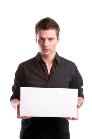 business man with an empty white card, isolated in white backgroundの写真素材