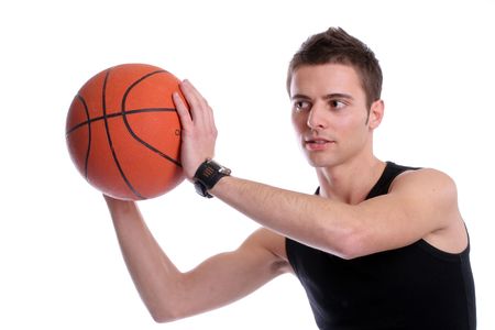 Causal man holding basketball ball, isolated on white backgroundの写真素材