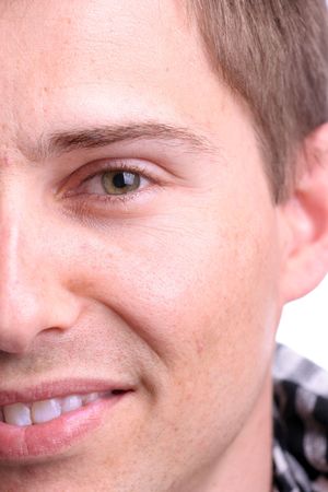 Extreme closeup portrait of young businessman - isolated in white backgroundの写真素材