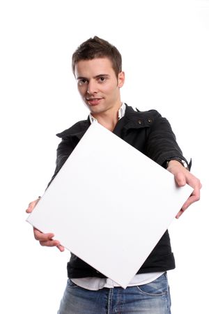 business man with an empty white card, isolated in white backgroundの写真素材