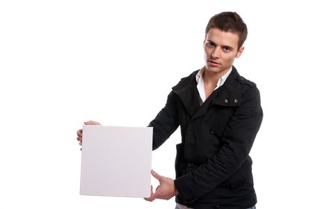 business man with an empty white card, isolated in white backgroundの写真素材