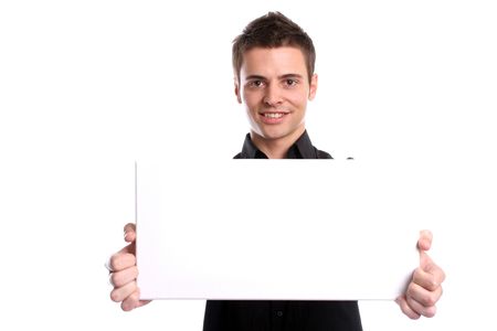business man with an empty white card, isolated in white backgroundの写真素材