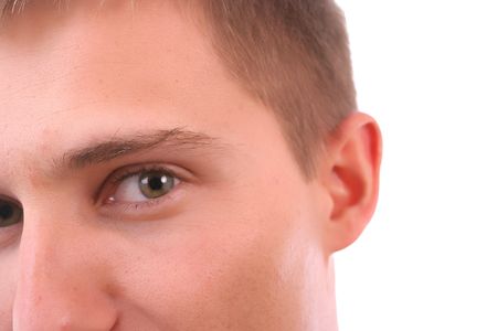Extreme closeup portrait of young businessman - isolated in white backgroundの写真素材