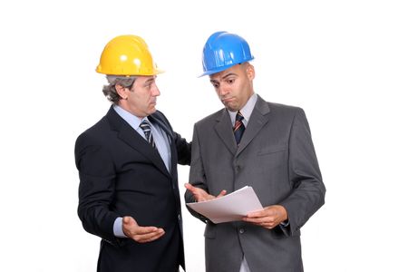 Two Engineers or Architects, discussing new project, isolated in white backgroundの写真素材