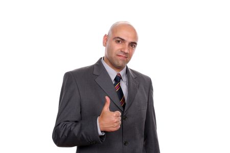 young business man going thumbs up, isolated on white backgroundの写真素材