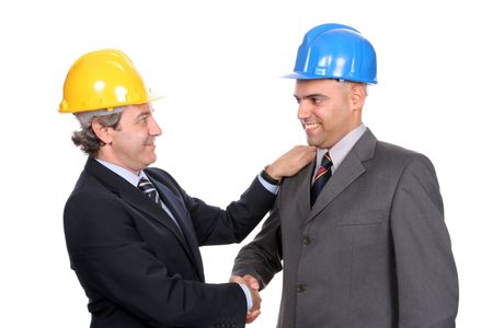 Two Engineers or Architects, closing new project, isolated in white backgroundの写真素材