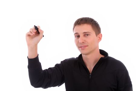 Young businessman, full of thoughts, isolated in white backgroundの写真素材