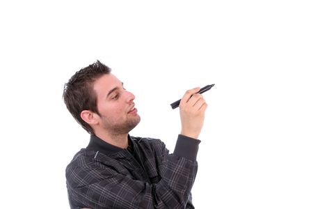 Young businessman, full of thoughts, isolated in white backgroundの写真素材