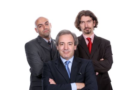 Business team posing - Happy Manager, bored employees, isolated over white backgroundの写真素材