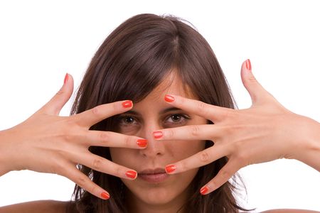 Young woman showing framing hand gesture - focus on handsの写真素材