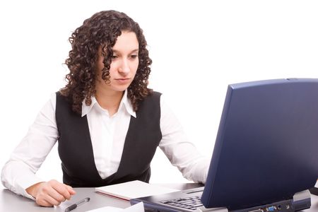 Friendly telephone operator working with laptop isolatedの写真素材