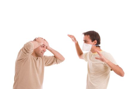 Man infected with h1n1 virus terrorizing his friendの写真素材