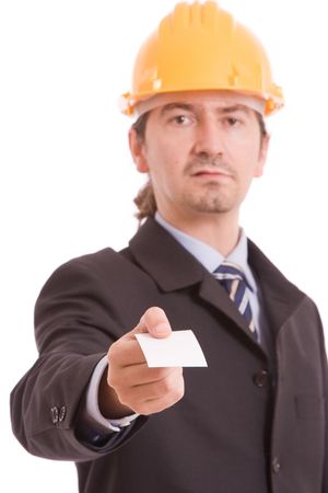 Business man offering card, isolated over white backgroundの写真素材