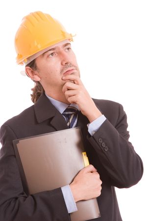 Engineer posing isolated over white backgroundの写真素材