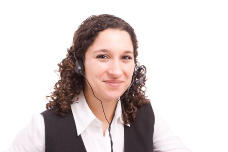 Friendly telephone operator posing isolated over whiteの写真素材