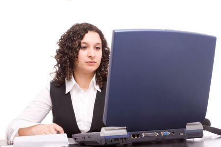 Friendly telephone operator working with laptop isolatedの写真素材