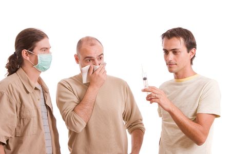 Man infected with h1n1 virus terrorizing his friendsの写真素材