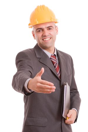 Young engineer offering handshake, isolated over whiteの写真素材