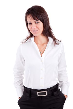 Beautiful business woman posing isolated over whiteの写真素材