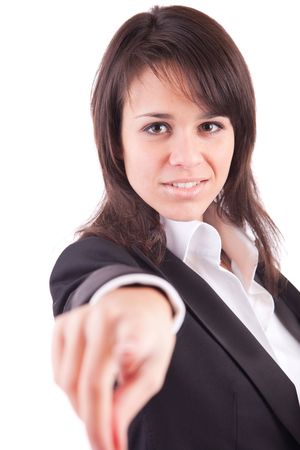 Business woman, pointing forward - isolated over white backgroundの写真素材