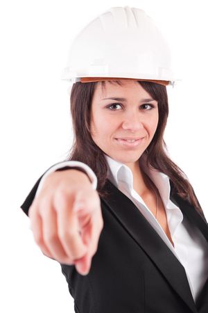 Business woman, pointing forward, isolated over white backgroundの写真素材