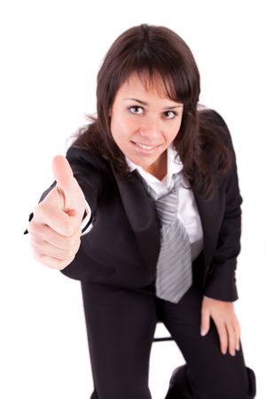 Business woman showing thumb up - focus on fingerの写真素材