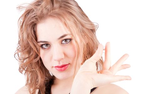Beautiful woman portrait, isolated over white backgroundの写真素材