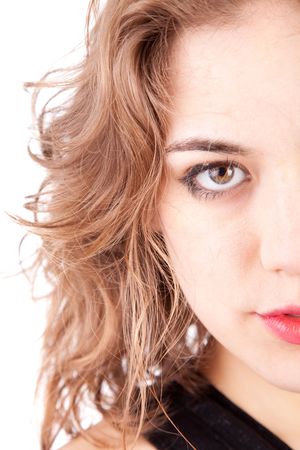 Beautiful woman portrait, isolated over white backgroundの写真素材