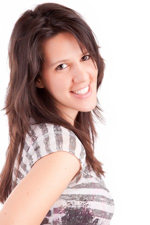 Beautiful brunette portrait, isolated on whiteの写真素材