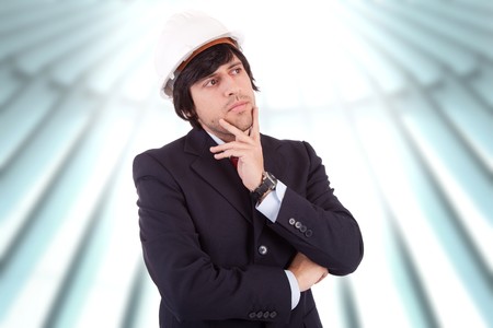 Business man full of thoughts, isolatedの写真素材